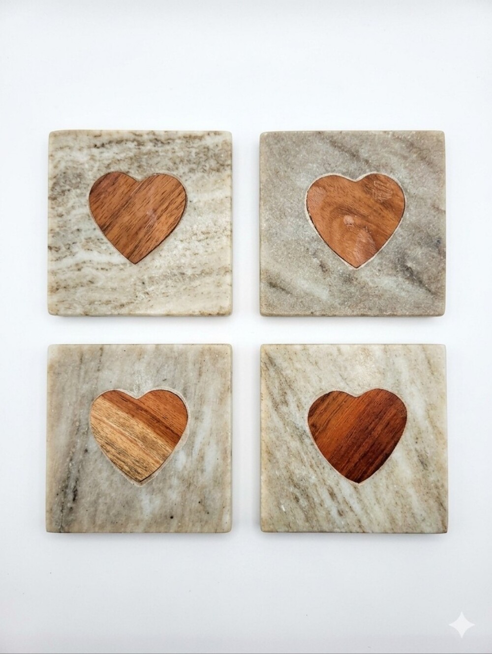 Set of 4 Handmade Marble Coasters with Inlaid Wood Heart – Stone Drink Coasters